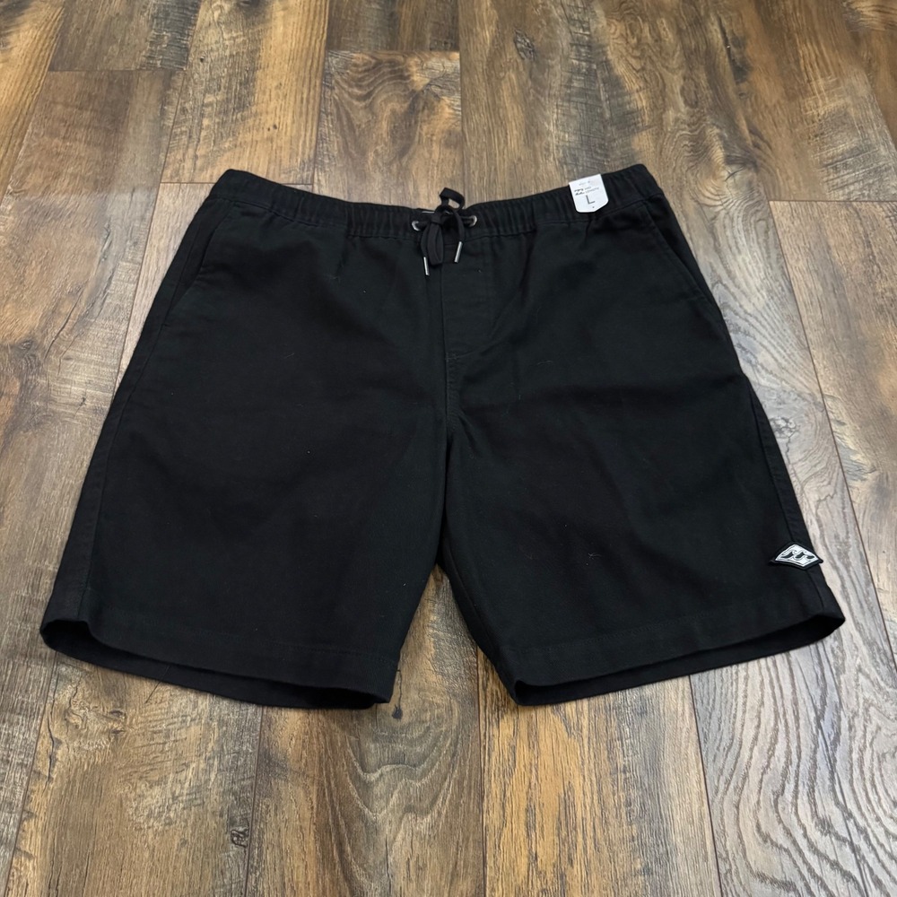 Billabong Men L Black Mid Length Elastic Waist Cotton Walk Shorts NEW Surf Beach